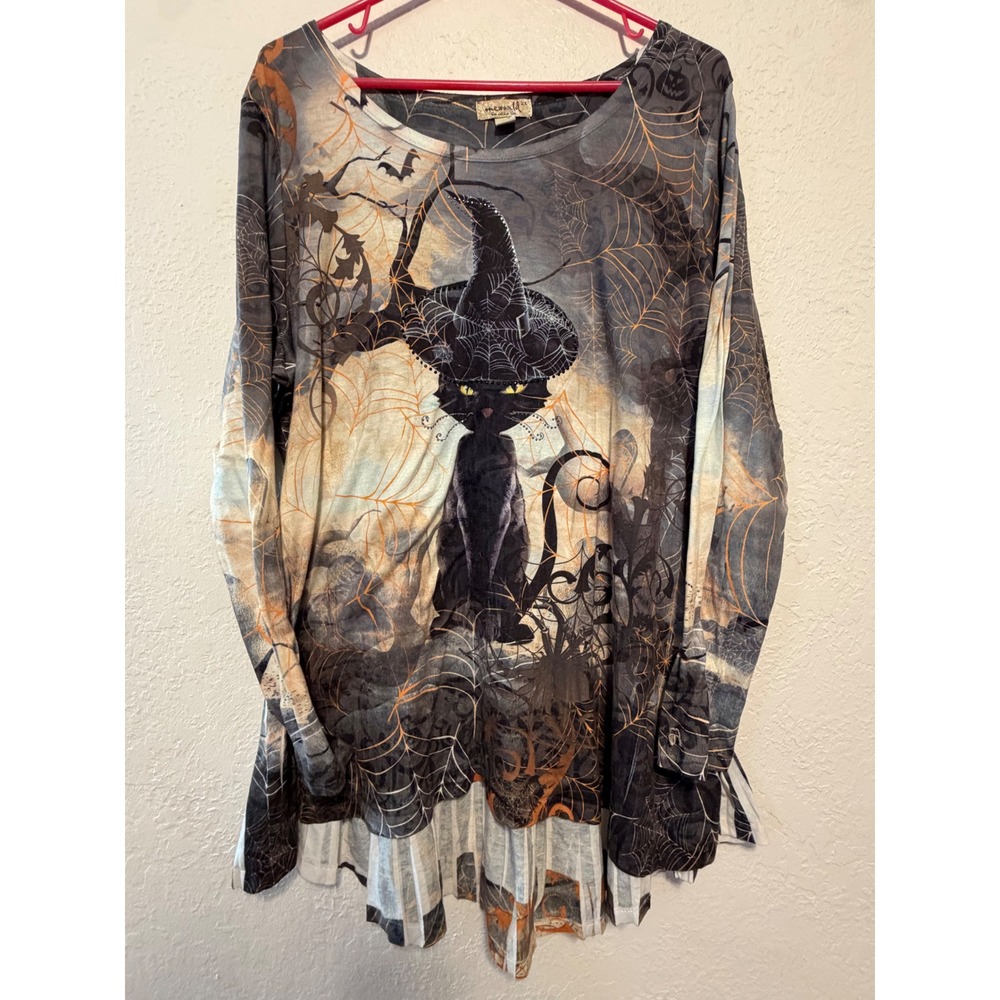 One World Halloween Black Cat Witch Hat Tunic Top 2X Spiderwebs High Low Hem